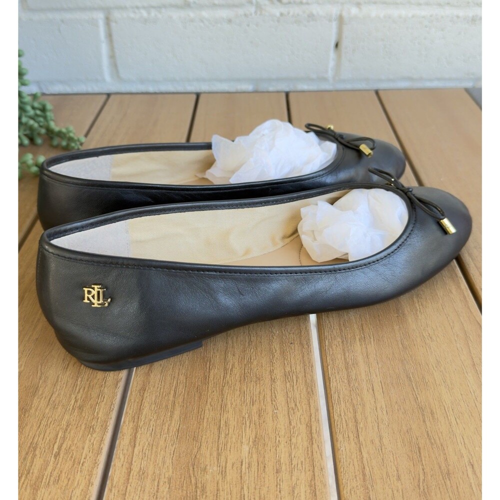 Lauren Ralph Lauren Jayna Black Leather Ballet Flats Bow Comfort Shoes W 9.5B